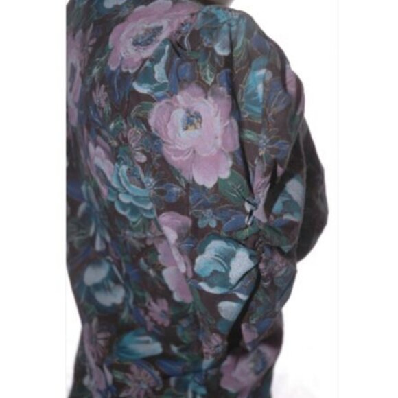Vintage 80s Midi Dress Cottage Core Puff Sleeves Scallop Black Pastel Floral 7/8 - Picture 7 of 10